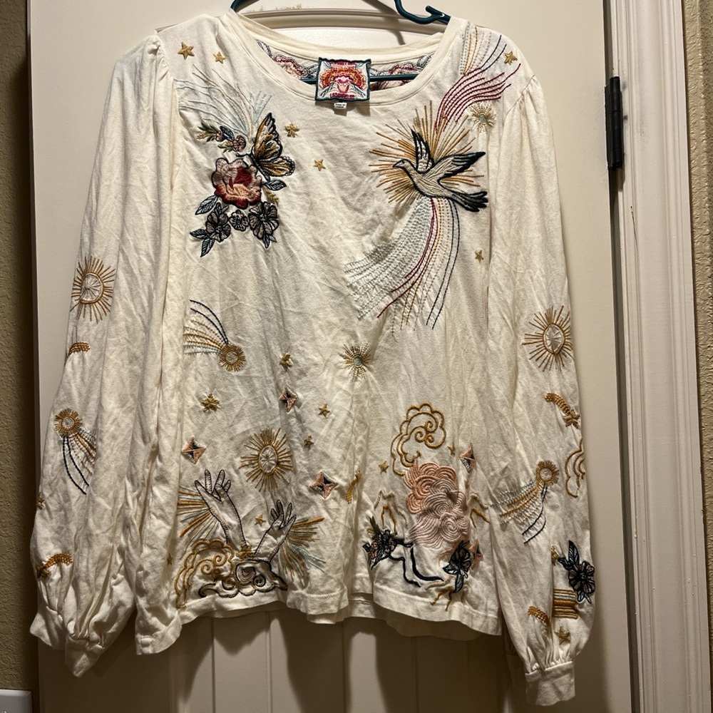 Johnny Was Women's Long Sleeve Tee with Bird and Star Design